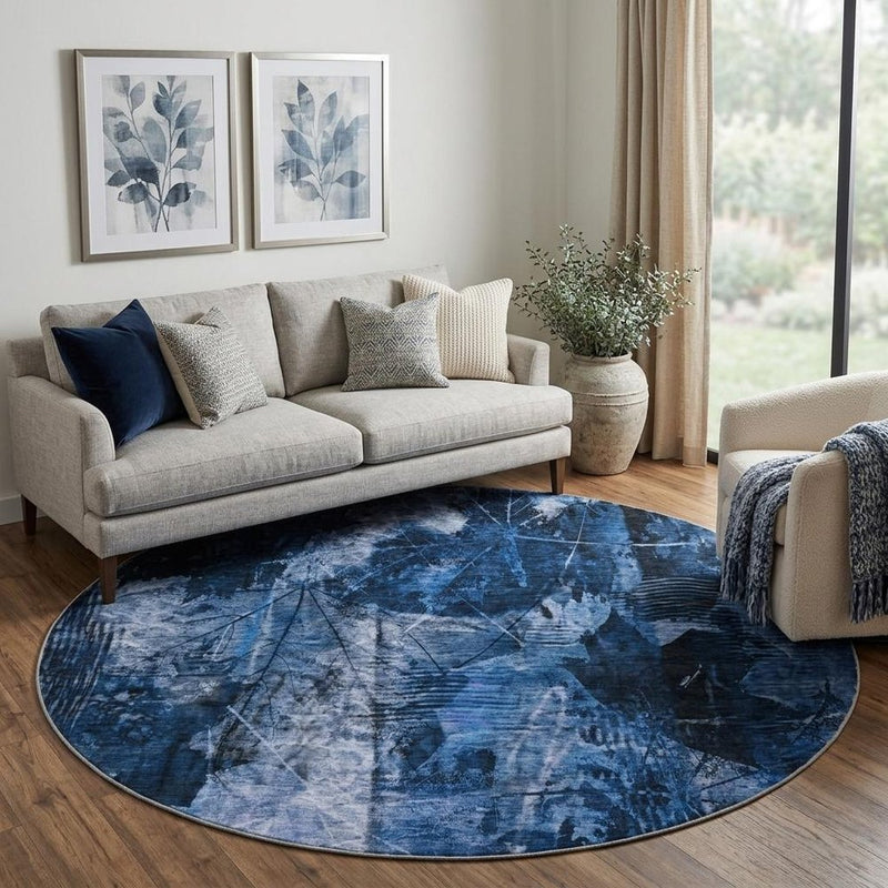 8' Navy Blue And Ivory Floral Shag Washable Round Rug With UV Protection