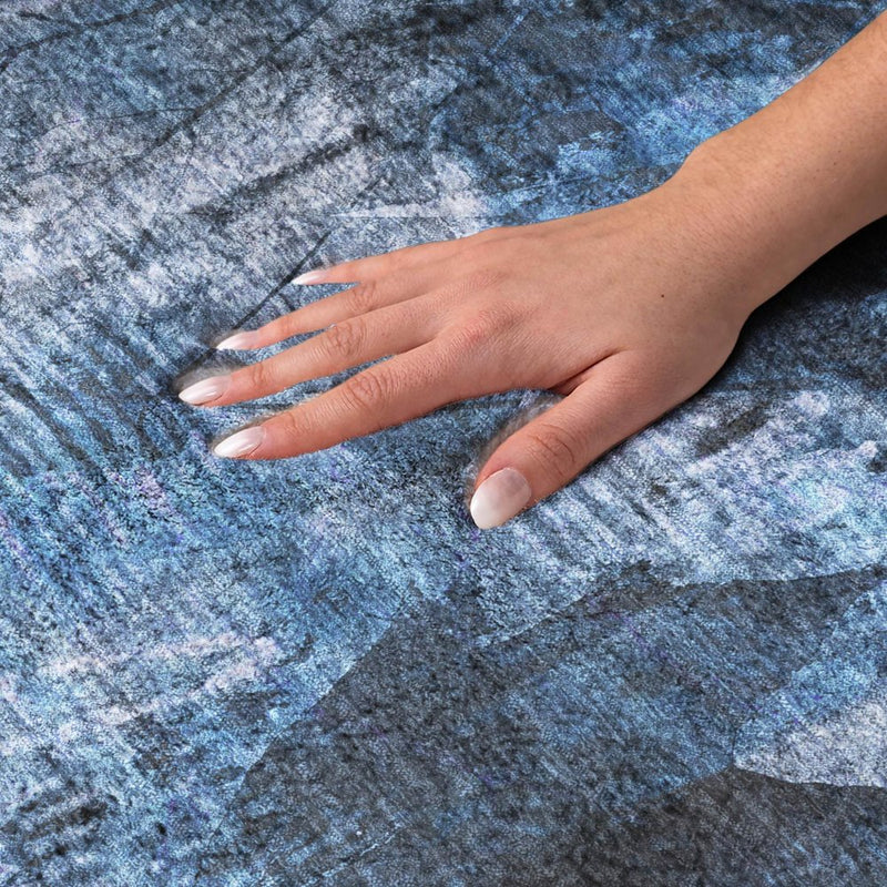 10' X 14' Navy Blue And Ivory Floral Shag Washable Area Rug With UV Protection