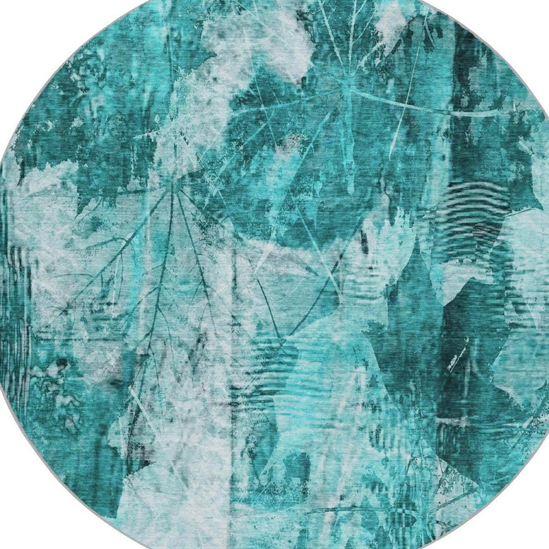 8' Teal And Ivory Floral Shag Washable Round Rug With UV Protection