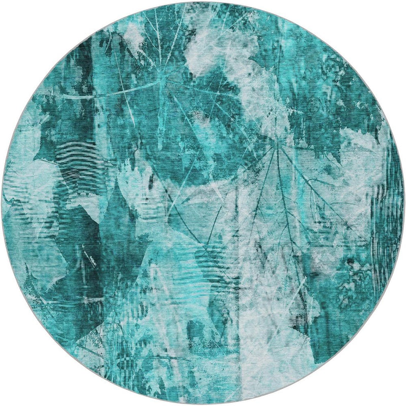 8' Teal And Ivory Floral Shag Washable Round Rug With UV Protection