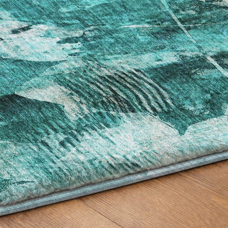 8' Teal And Ivory Floral Shag Washable Round Rug With UV Protection