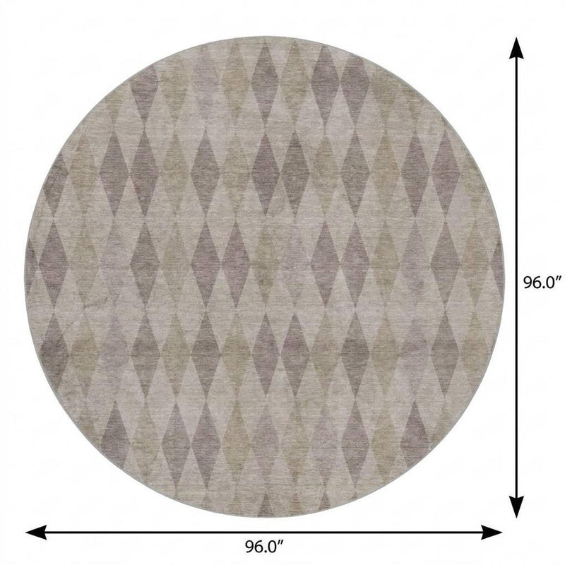 8' Beige And Gray Geometric Shag Washable Round Rug With UV Protection