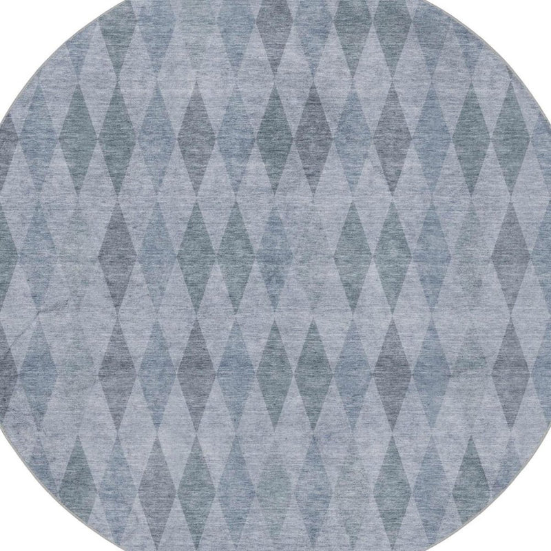 8' Denim Blue And Gray Geometric Shag Washable Round Rug With UV Protection