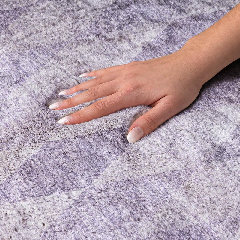8' Purple And Lavender Geometric Shag Washable Round Rug With UV Protection