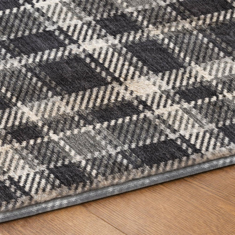 5' X 8' Black And Gray Plaid Shag Washable Area Rug With UV Protection
