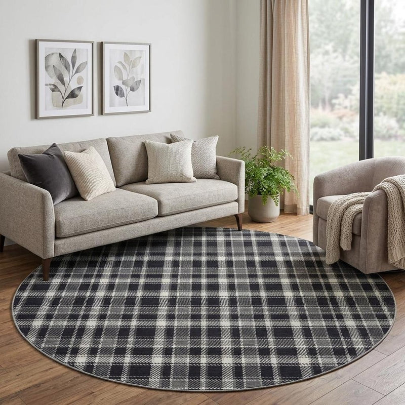 8' Black And Gray Plaid Shag Washable Round Rug With UV Protection
