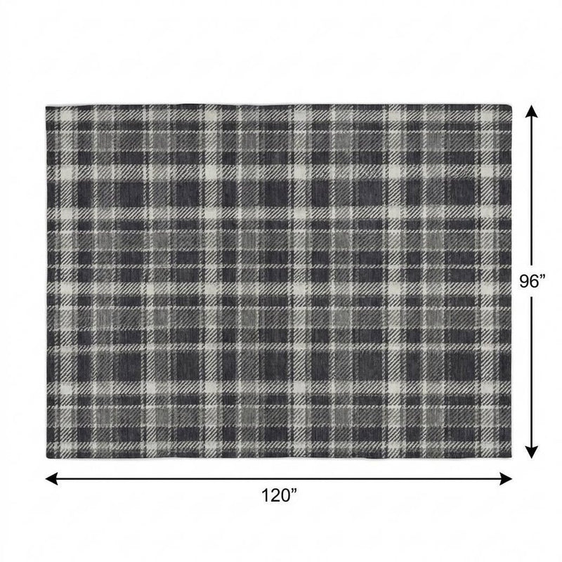 8' X 10' Black And Gray Plaid Shag Washable Area Rug With UV Protection