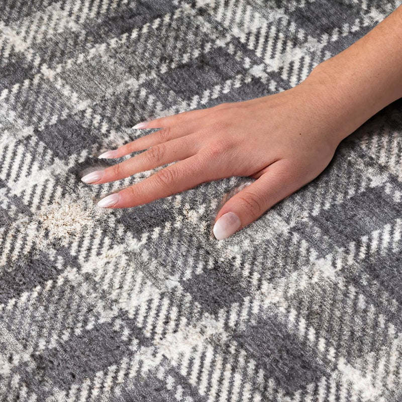10' X 14' Black And Gray Plaid Shag Washable Area Rug With UV Protection