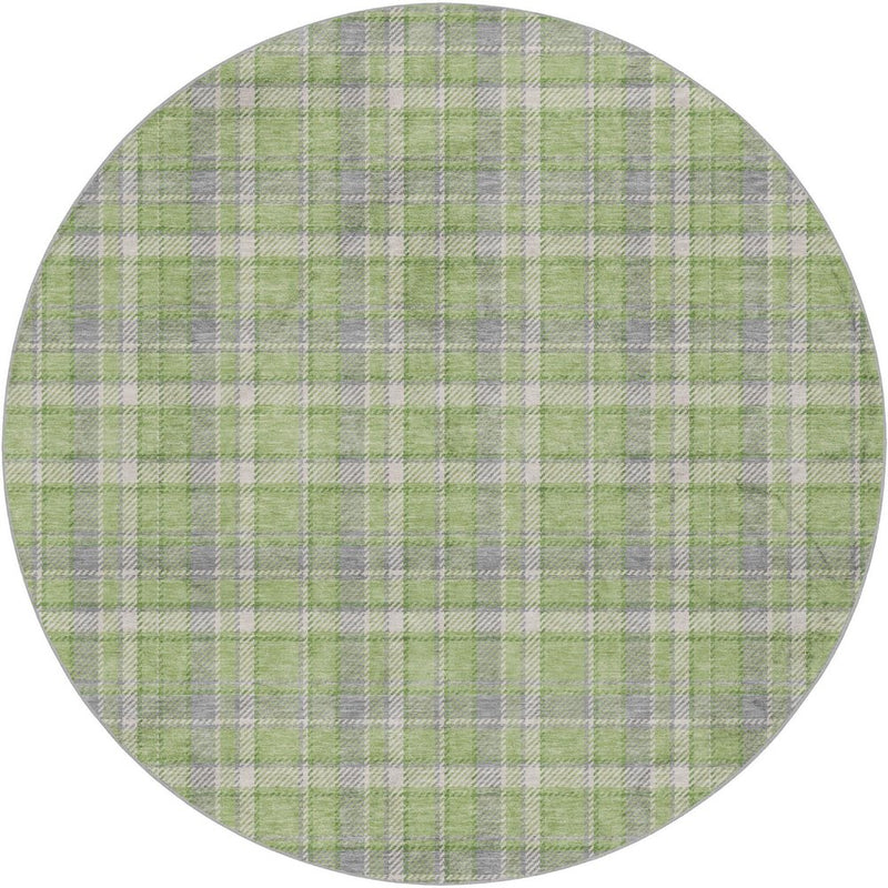 8' Green And Beige Plaid Shag Washable Round Rug With UV Protection
