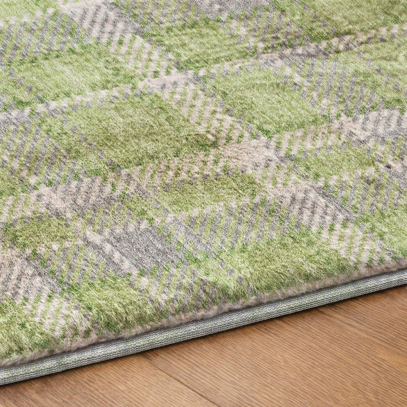 8' Green And Beige Plaid Shag Washable Round Rug With UV Protection