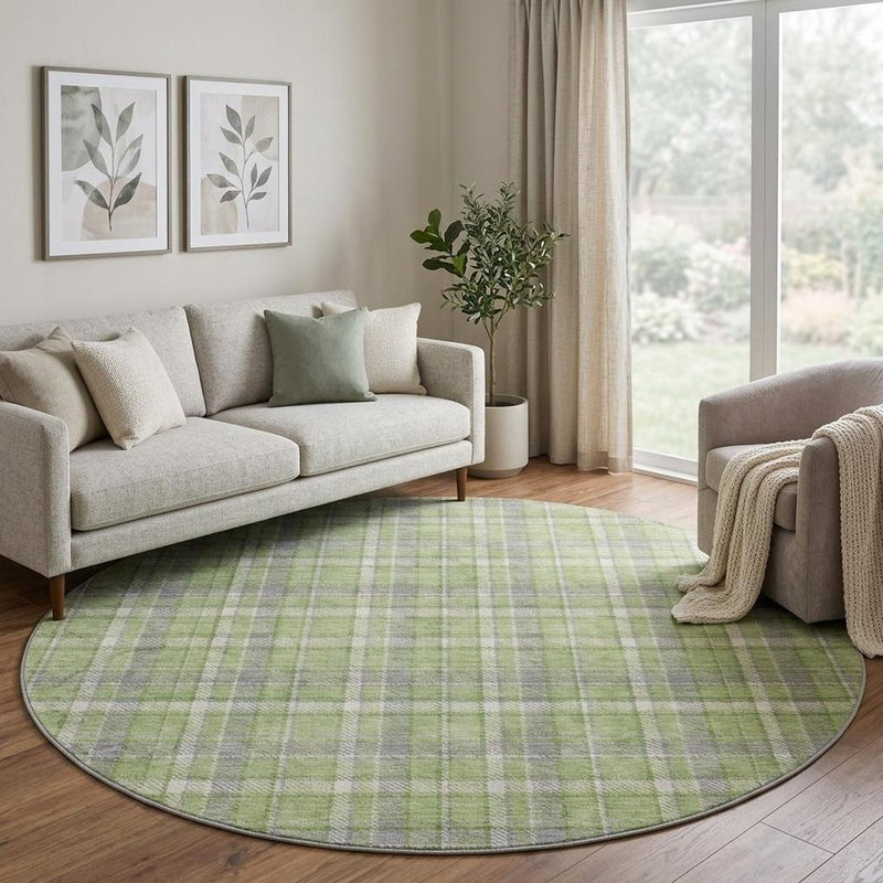 8' Green And Beige Plaid Shag Washable Round Rug With UV Protection