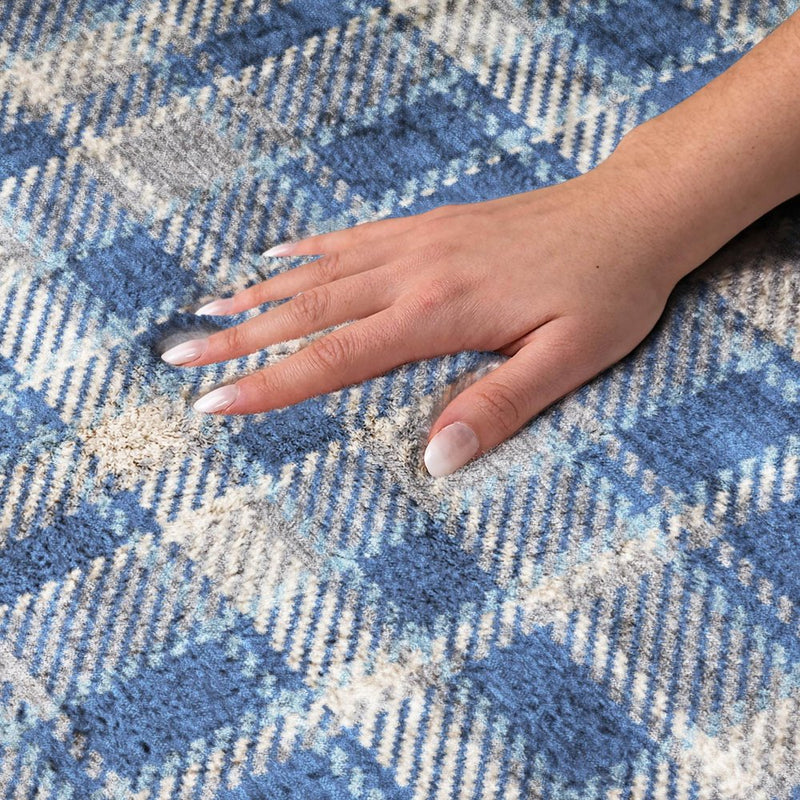8' X 10' Navy Blue And Denim Blue Plaid Shag Washable Area Rug With UV Protection