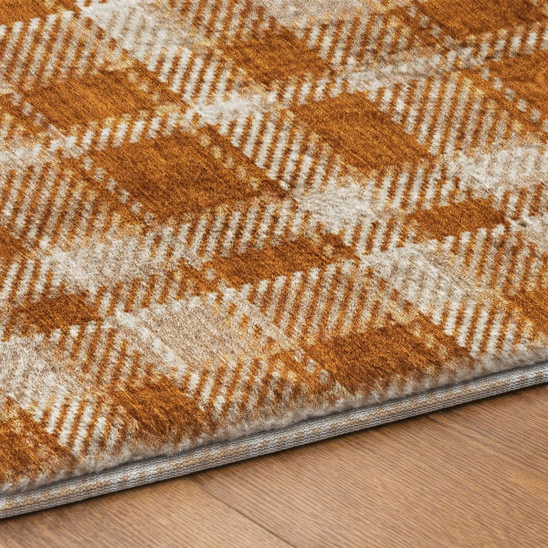 8' Orange And Taupe Plaid Shag Washable Round Rug With UV Protection