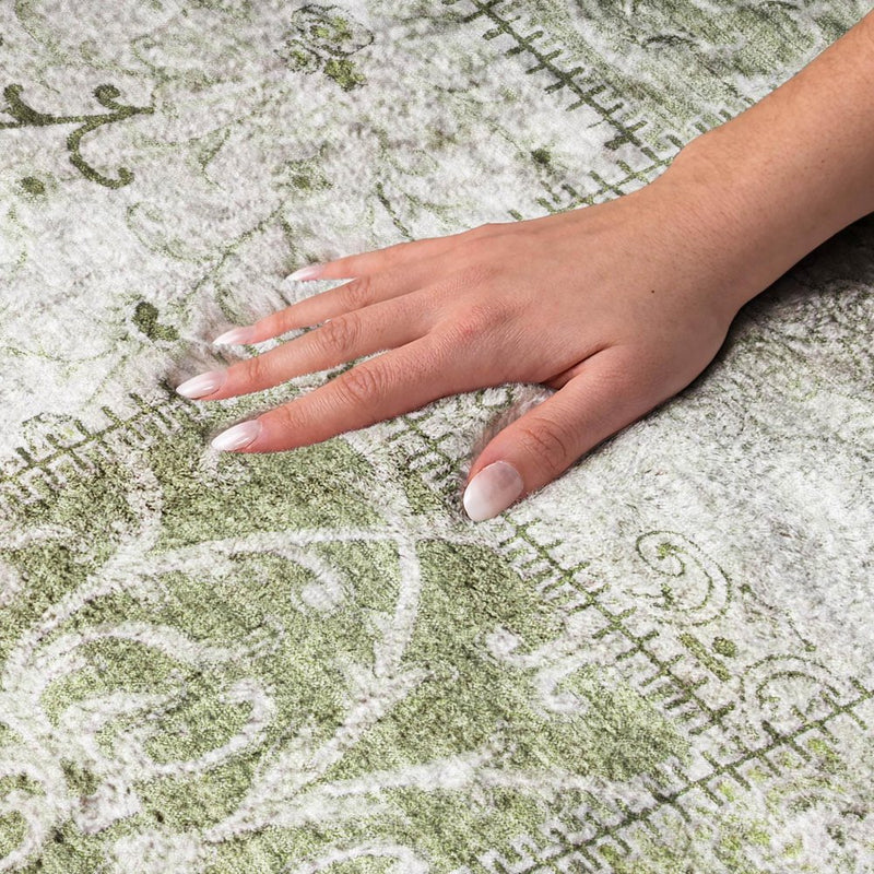 8' X 10' Green And Gray Floral Shag Washable Area Rug With UV Protection