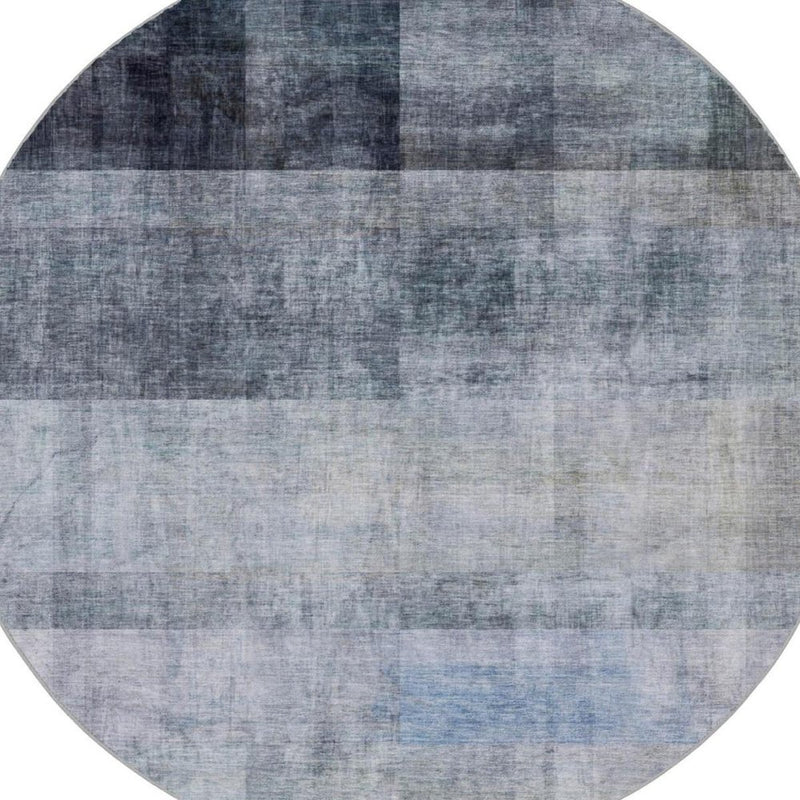 8' Navy Blue And Gray Geometric Shag Washable Round Rug With UV Protection