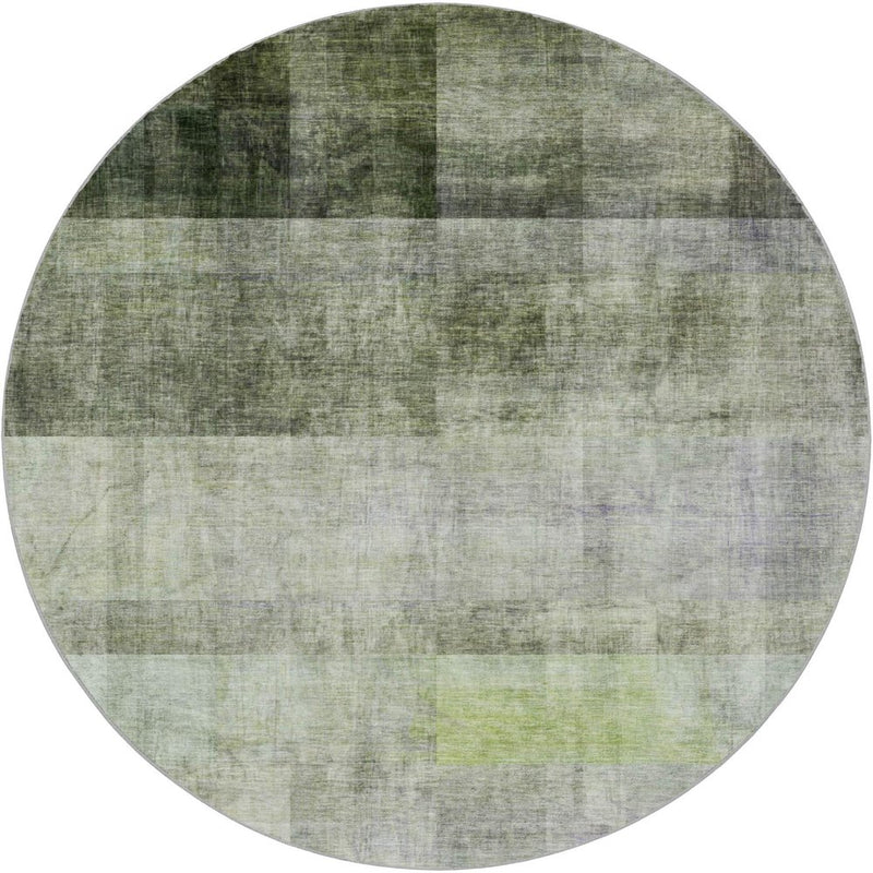 8' Olive Green And Gray Geometric Shag Washable Round Rug With UV Protection