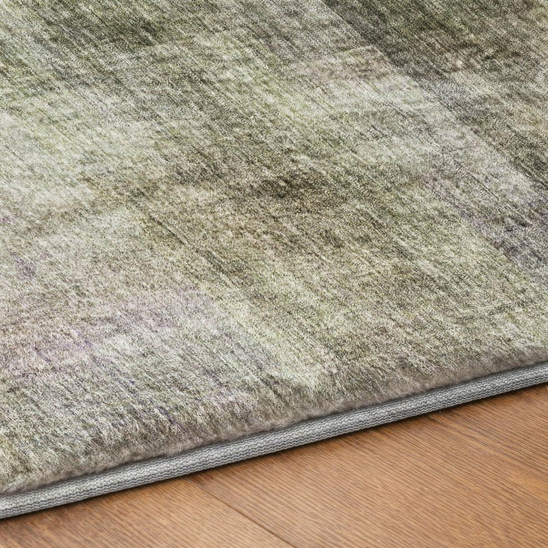8' Olive Green And Gray Geometric Shag Washable Round Rug With UV Protection