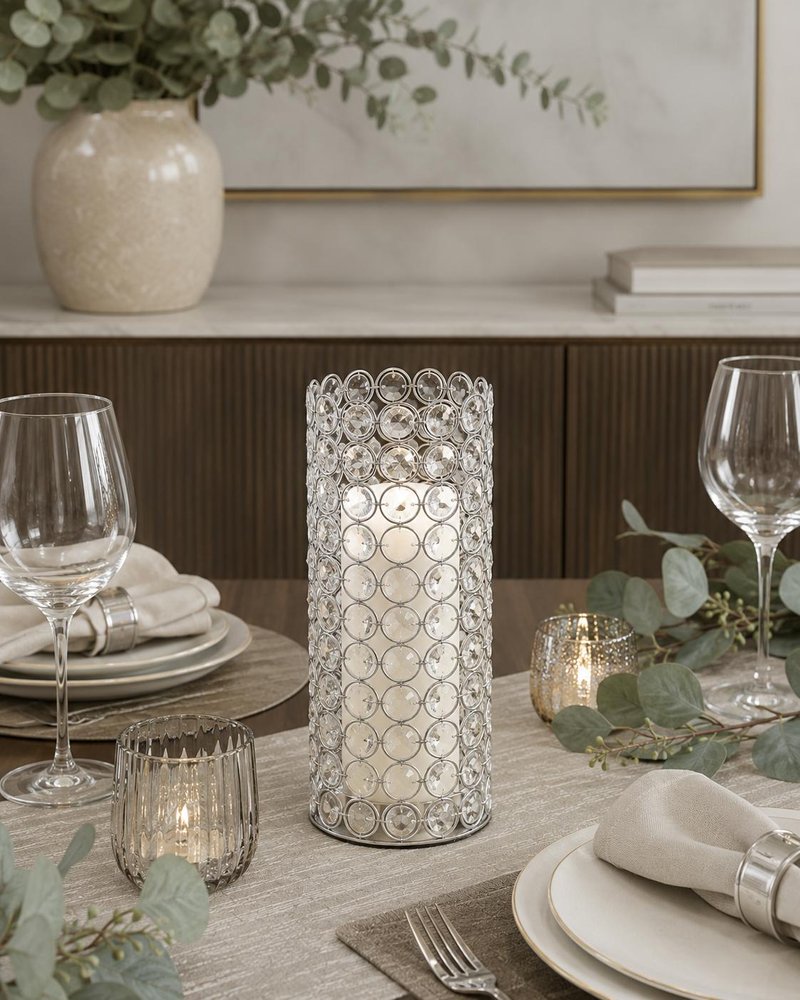 11" Clear And Silver Crystal And Metal Cylinder Table Vase With Faux Crystals