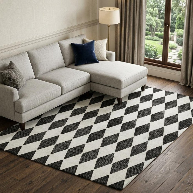 10' X 14' Black And Ivory Geometric Shag Washable Area Rug With UV Protection