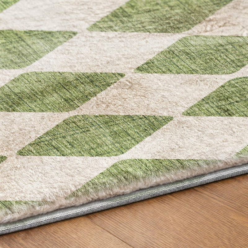 8' Green And Ivory Geometric Shag Washable Round Rug With UV Protection