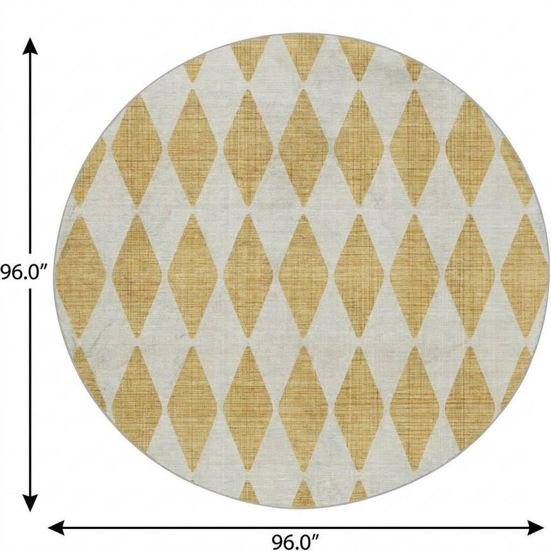 8' Gold And Ivory Geometric Shag Washable Round Rug With UV Protection