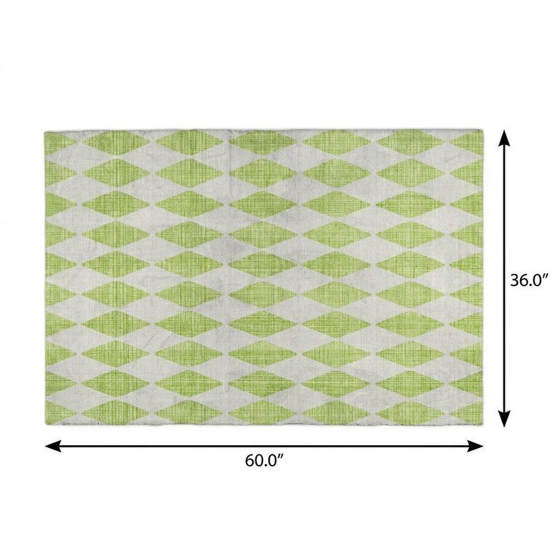 3' X 5' Lime Green And Ivory Geometric Shag Washable Area Rug With UV Protection