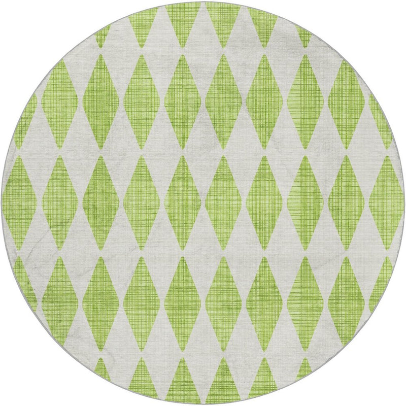 8' Lime Green And Ivory Geometric Shag Washable Round Rug With UV Protection