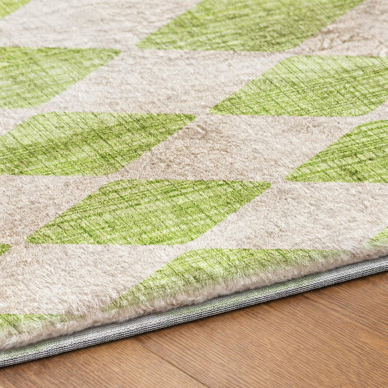 8' Lime Green And Ivory Geometric Shag Washable Round Rug With UV Protection