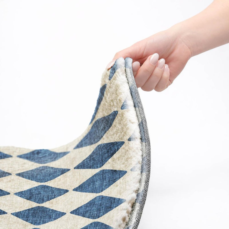 8' Navy Blue And Ivory Geometric Shag Washable Round Rug With UV Protection