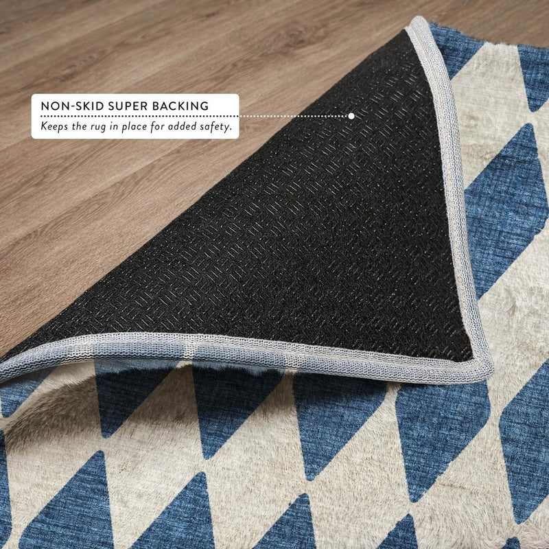8' Navy Blue And Ivory Geometric Shag Washable Round Rug With UV Protection