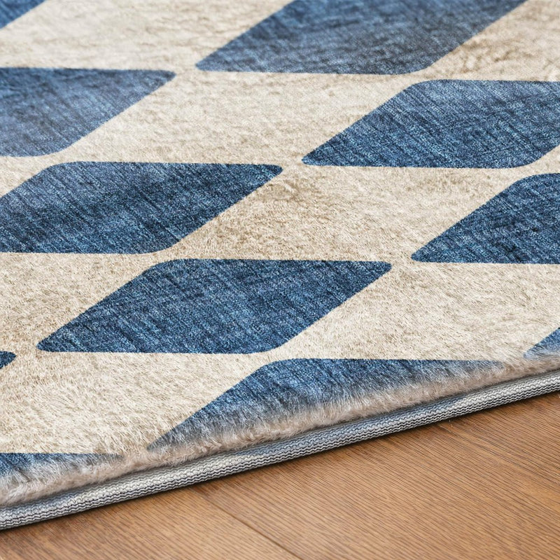 8' X 10' Navy Blue And Ivory Geometric Shag Washable Area Rug With UV Protection