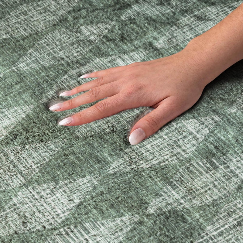 8' Olive Green And Charcoal Geometric Shag Washable Round Rug With UV Protection
