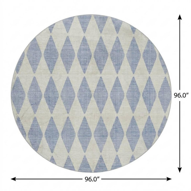 8' Sky Blue And Ivory Geometric Shag Washable Round Rug With UV Protection