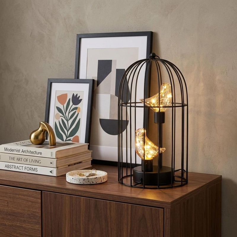 12" Black Novelty Animals Battery Powered Desk Lamp With Cage Shade