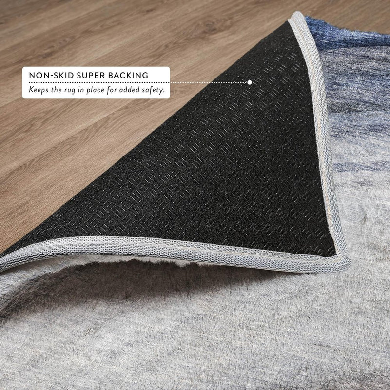 10' X 14' Blue And Denim Blue Abstract Shag Washable Area Rug With UV Protection