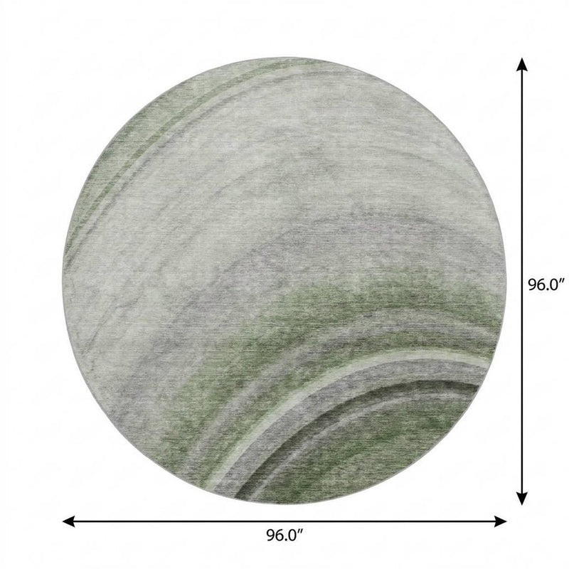 8' Green And Silver Abstract Shag Washable Round Rug With UV Protection