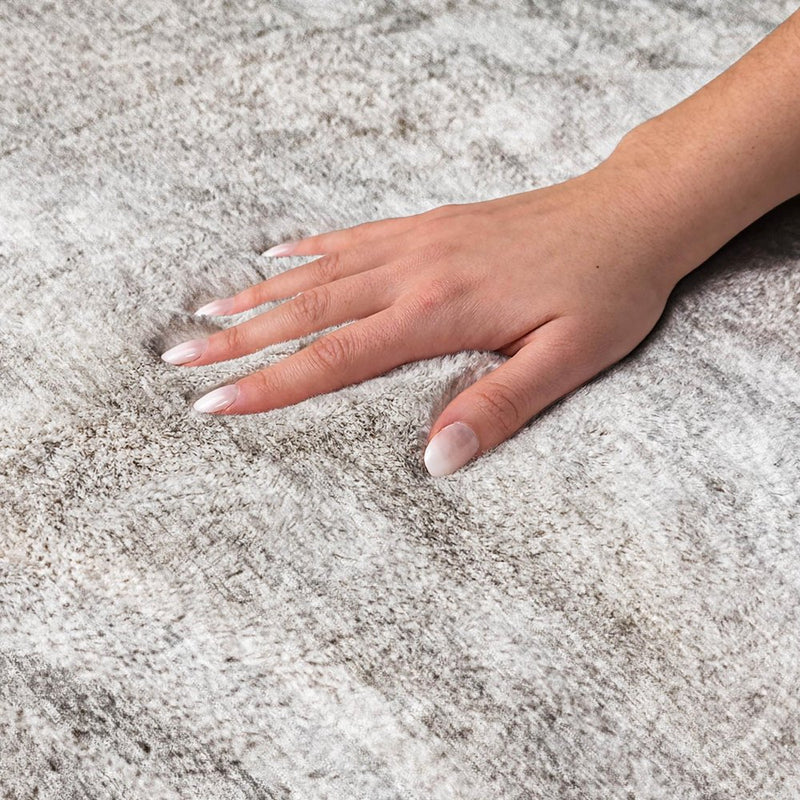8' Gray And Silver Abstract Shag Washable Round Rug With UV Protection