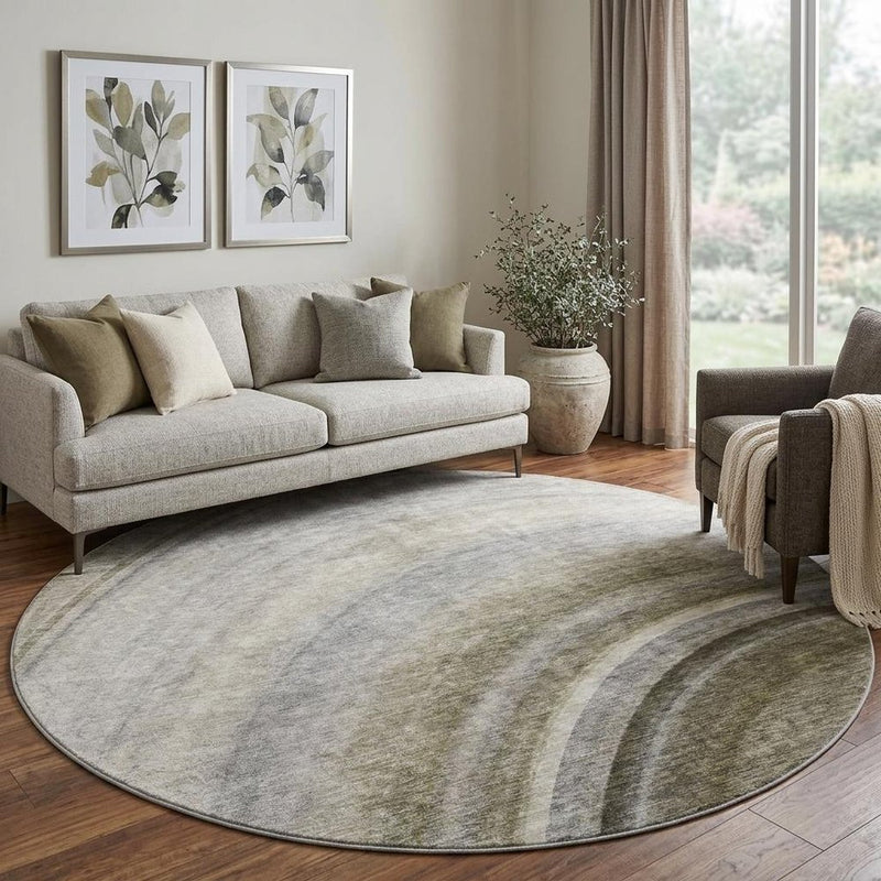 8' Taupe And Gray Abstract Shag Washable Round Rug With UV Protection