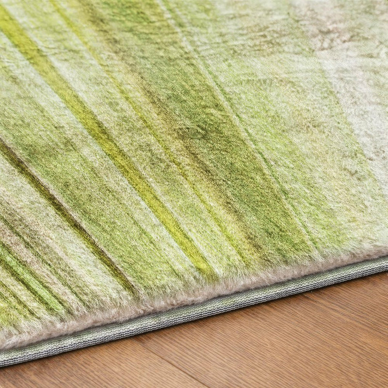 8' Green And Ivory Striped Shag Washable Round Rug With UV Protection