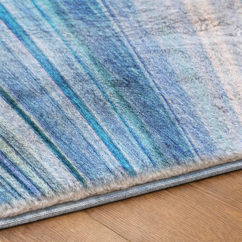3' X 5' Blue And Denim Blue Striped Shag Washable Area Rug With UV Protection