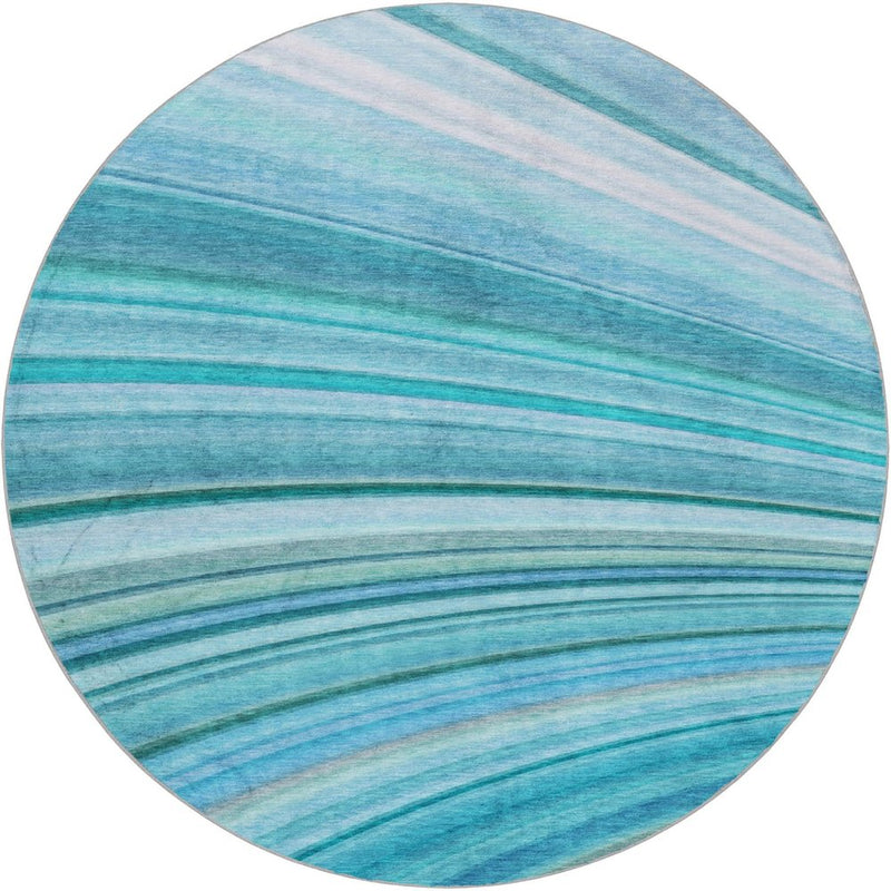 8' Teal And Aqua Striped Shag Washable Round Rug With UV Protection