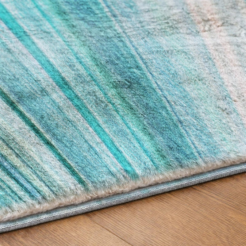8' Teal And Aqua Striped Shag Washable Round Rug With UV Protection