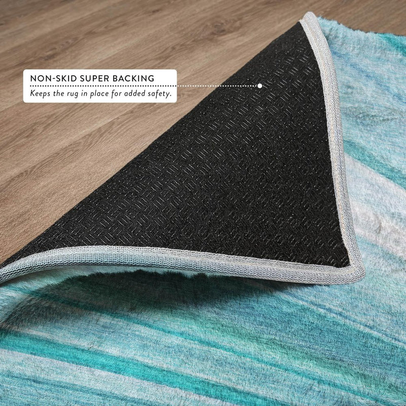 8' Teal And Aqua Striped Shag Washable Round Rug With UV Protection