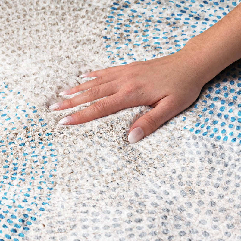 9' X 12' Ivory And Blue Polka Dot Shag Washable Area Rug With UV Protection