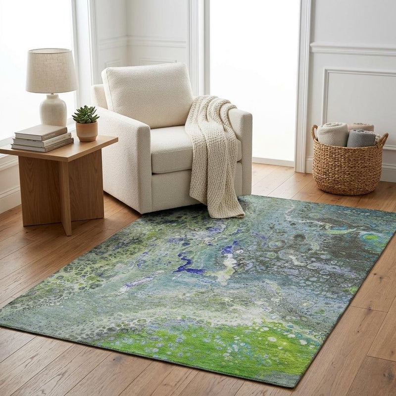 5' X 8' Green And Lime Green Abstract Shag Washable Area Rug With UV Protection