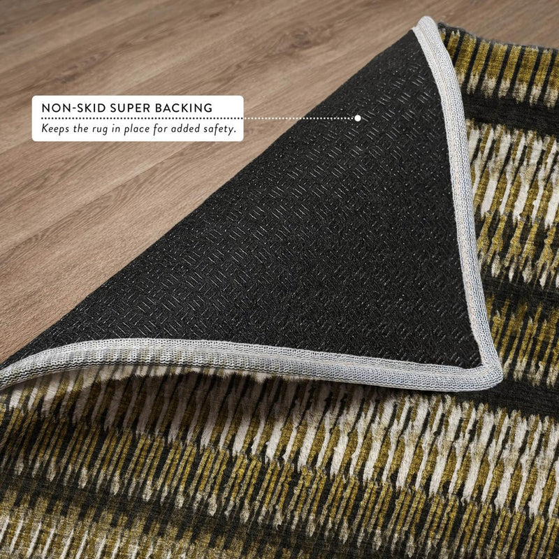 5' X 8' Brown And Ivory Striped Shag Washable Area Rug With UV Protection