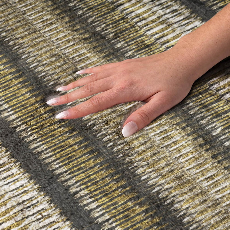 5' X 8' Brown And Ivory Striped Shag Washable Area Rug With UV Protection