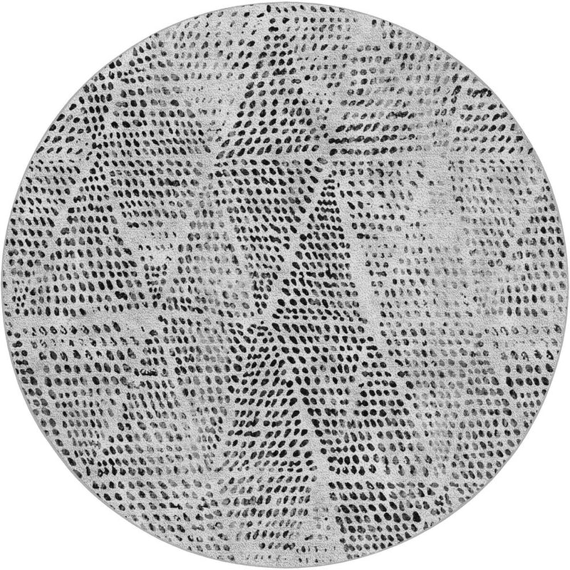 8' Pewter And Charcoal Geometric Shag Washable Round Rug With UV Protection