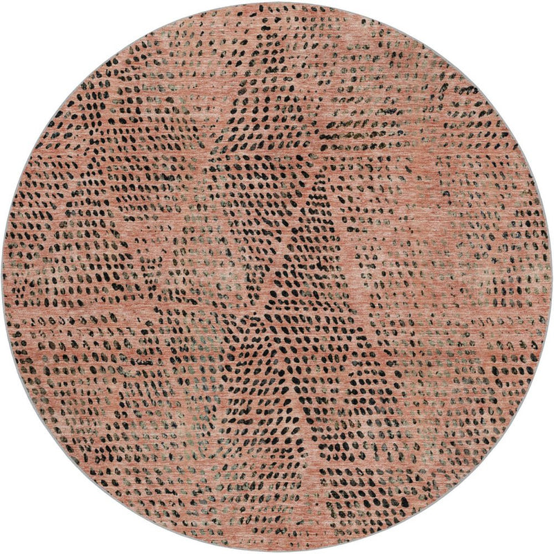 8' Salmon And Charcoal Geometric Shag Washable Round Rug With UV Protection
