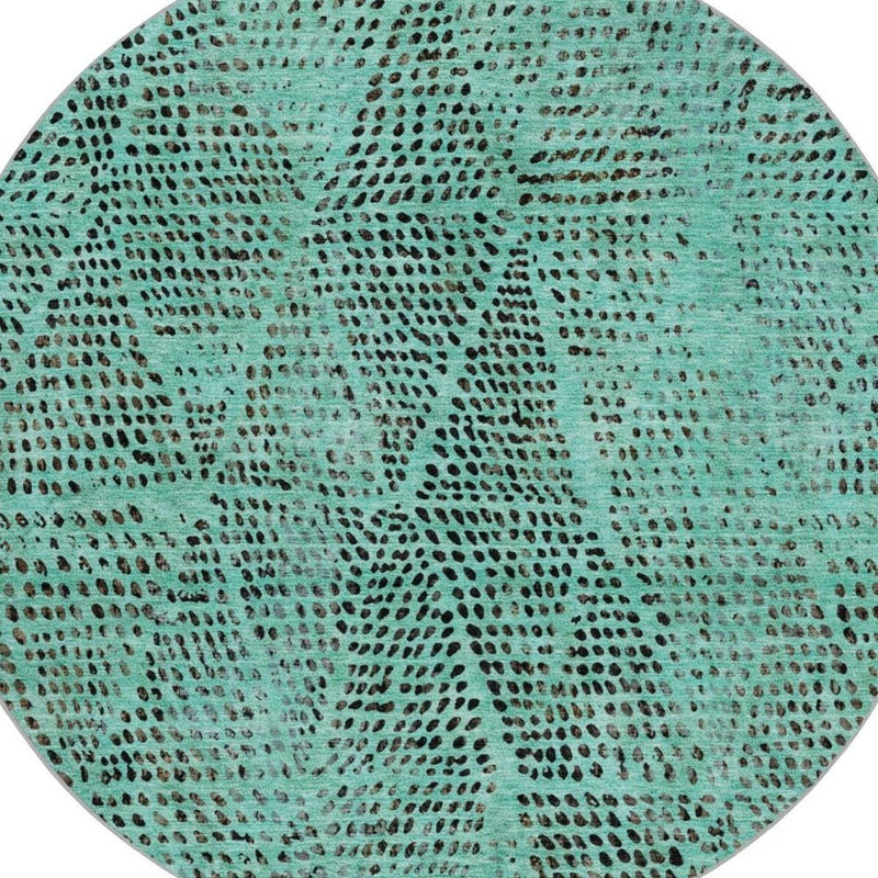 8' Teal And Charcoal Geometric Shag Washable Round Rug With UV Protection